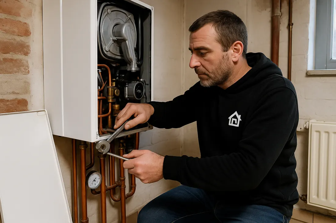 Chauffagiste Rimas Services intervenant sur une chaudière murale au gaz