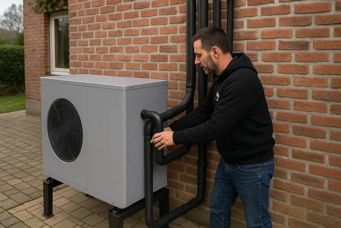 Installation d'une pompe à chaleur air-eau contre la façade d'une maison