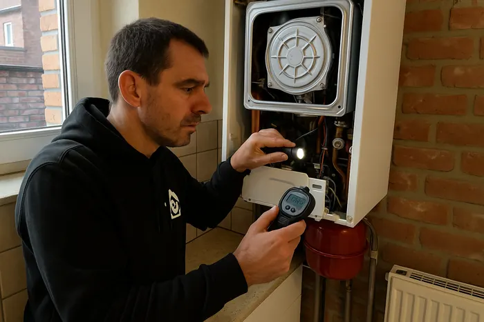 Chauffagiste Rimas diagnostiquant une chaudière au gaz en panne