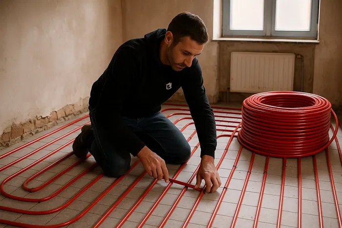 Pose des boucles d'un plancher chauffant sur isolant