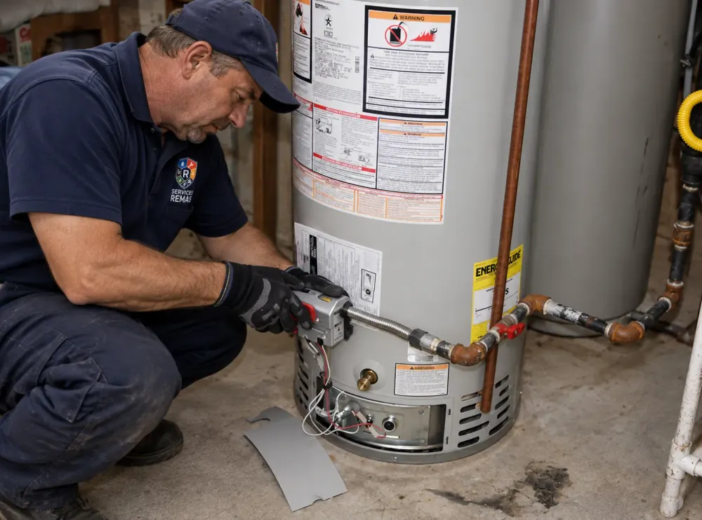 Technicien Rimas Services intervenant sur le bloc gaz d'un chauffe-eau