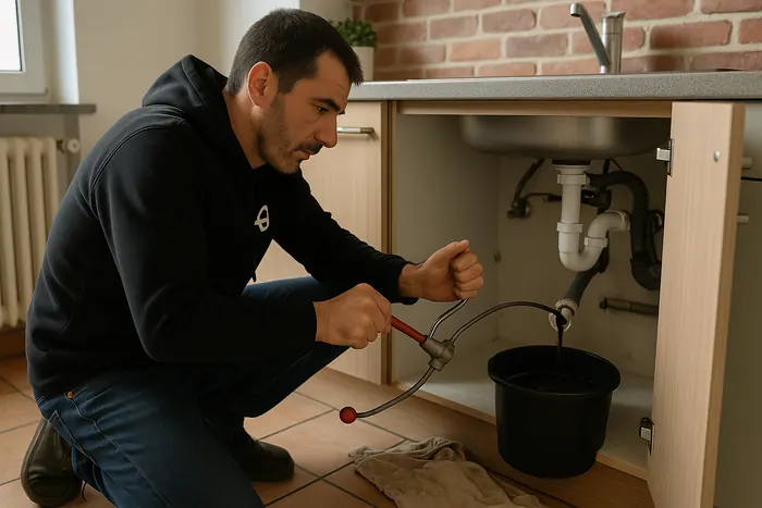 Débouchage d'un évier de cuisine au furet manuel par Rimas Services