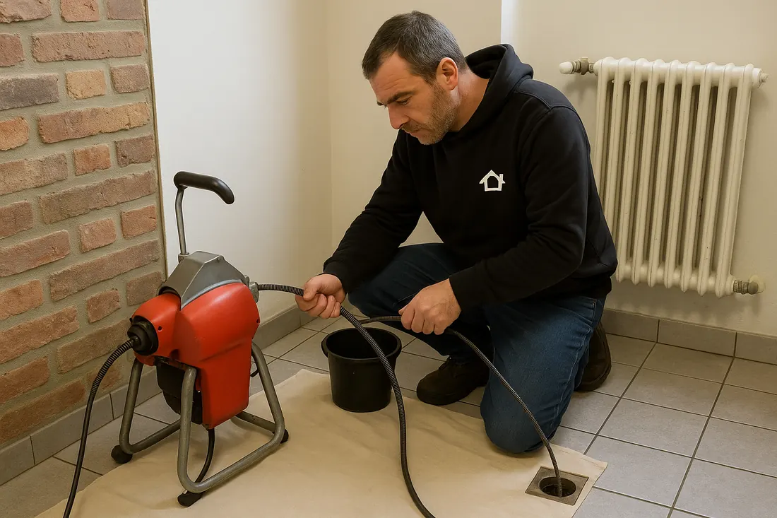 Technicien Rimas Services débouchant une canalisation au furet électrique