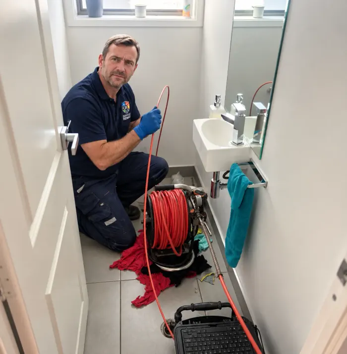 Technicien Rimas Services débouchant un WC au furet électrique à dévidoir