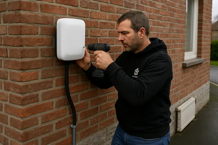 Pose d'une borne de recharge pour voiture électrique sur la façade d'une maison