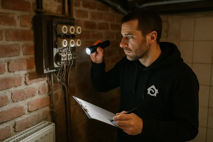 Électricien Rimas inspectant un ancien tableau à fusibles avant mise en conformité