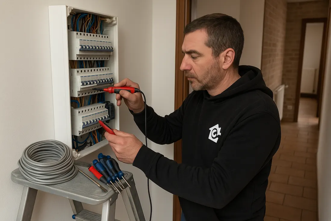 Électricien Rimas Services intervenant sur un tableau électrique dans une habitation belge