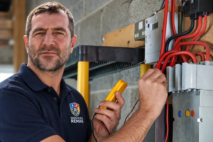 Électricien Rimas Services recherchant une panne de courant au multimètre sur le tableau