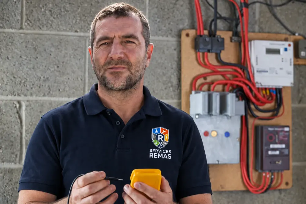 Électricien Rimas Services devant un tableau électrique et son compteur, multimètre à la main