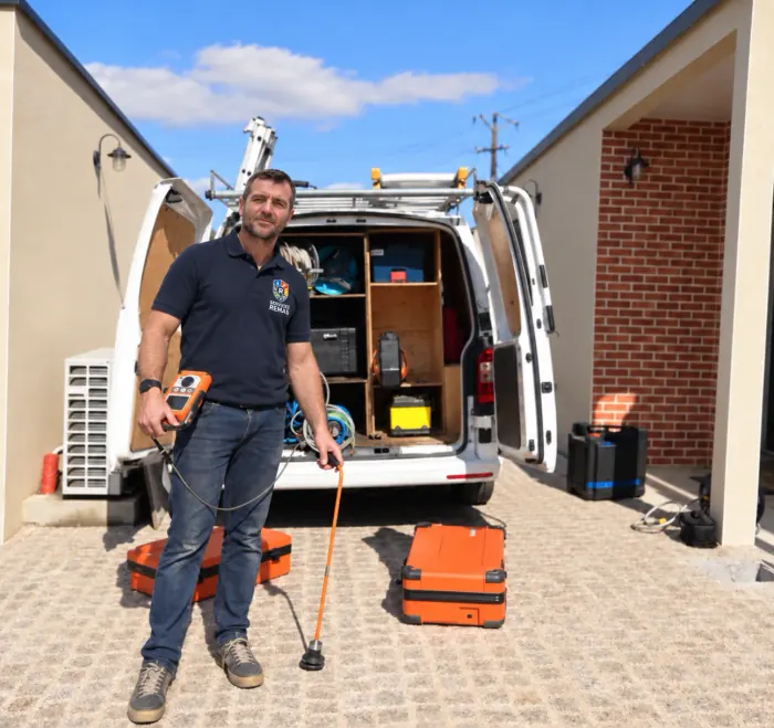Technicien Rimas Services et son matériel de recherche de fuite acoustique devant la camionnette
