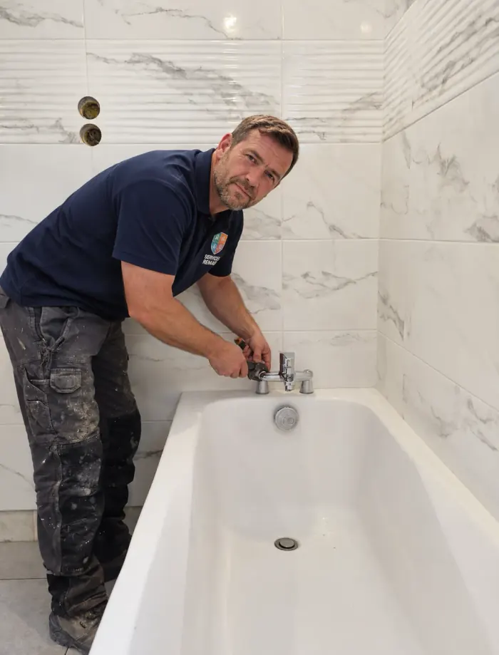 Plombier Rimas Services posant la robinetterie d'une baignoire dans une salle de bain rénovée