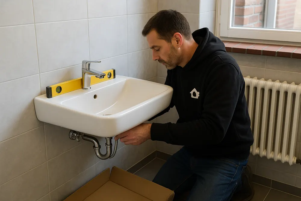 Pose d'un lavabo et raccordement des flexibles dans une salle de bain