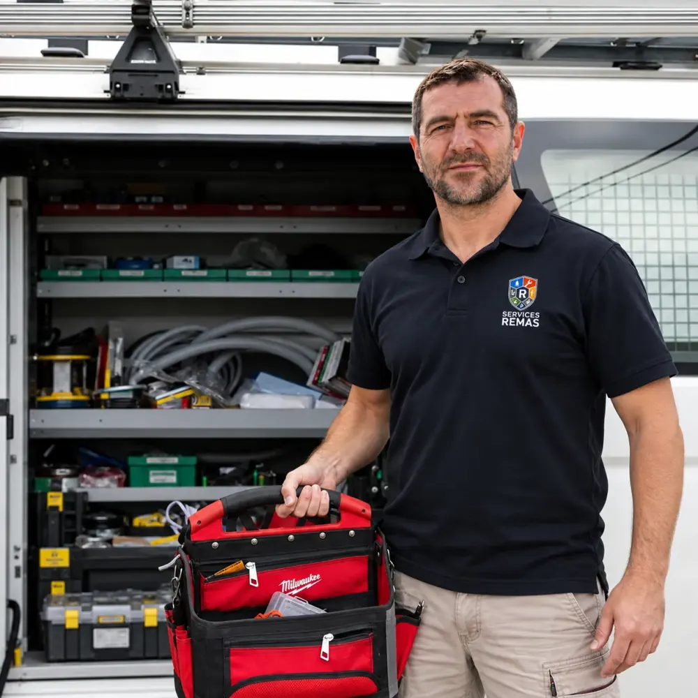 Plombier Rimas Services préparant sa caisse à outils à l'arrière de la camionnette