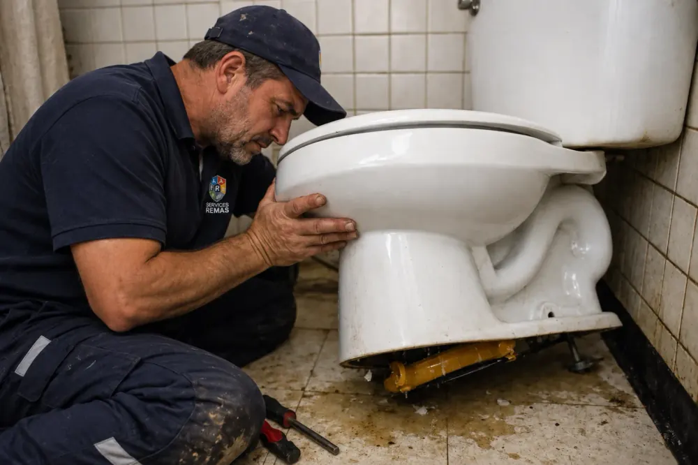 Plombier Rimas Services déposant une cuvette de WC pour remplacer le joint d'évacuation